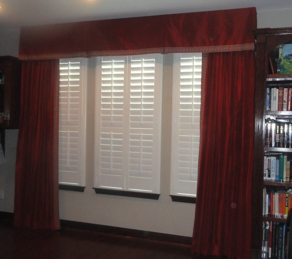 Custom Silk Drapery Panels With Inverted Box Pleat Valance And Greek Key Trim Detail