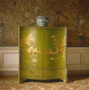 View of green and gold lacquer chinoiserie furniture in the State Bedchamber at Nostell Priory, West Yorkshire